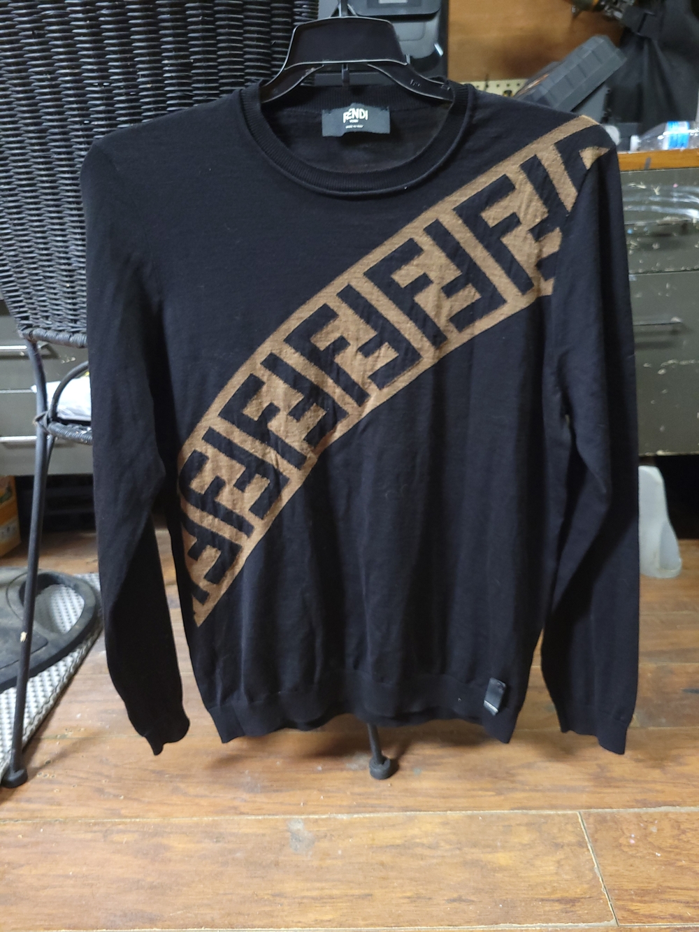 Fendi Black Crewneck Sweater with Brown Diagonal FF Band